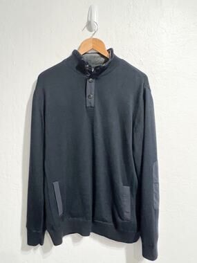 Barbour Sweater Mens XL Knit Navy Blue Elbow Patch Snap Button Quarter Spate